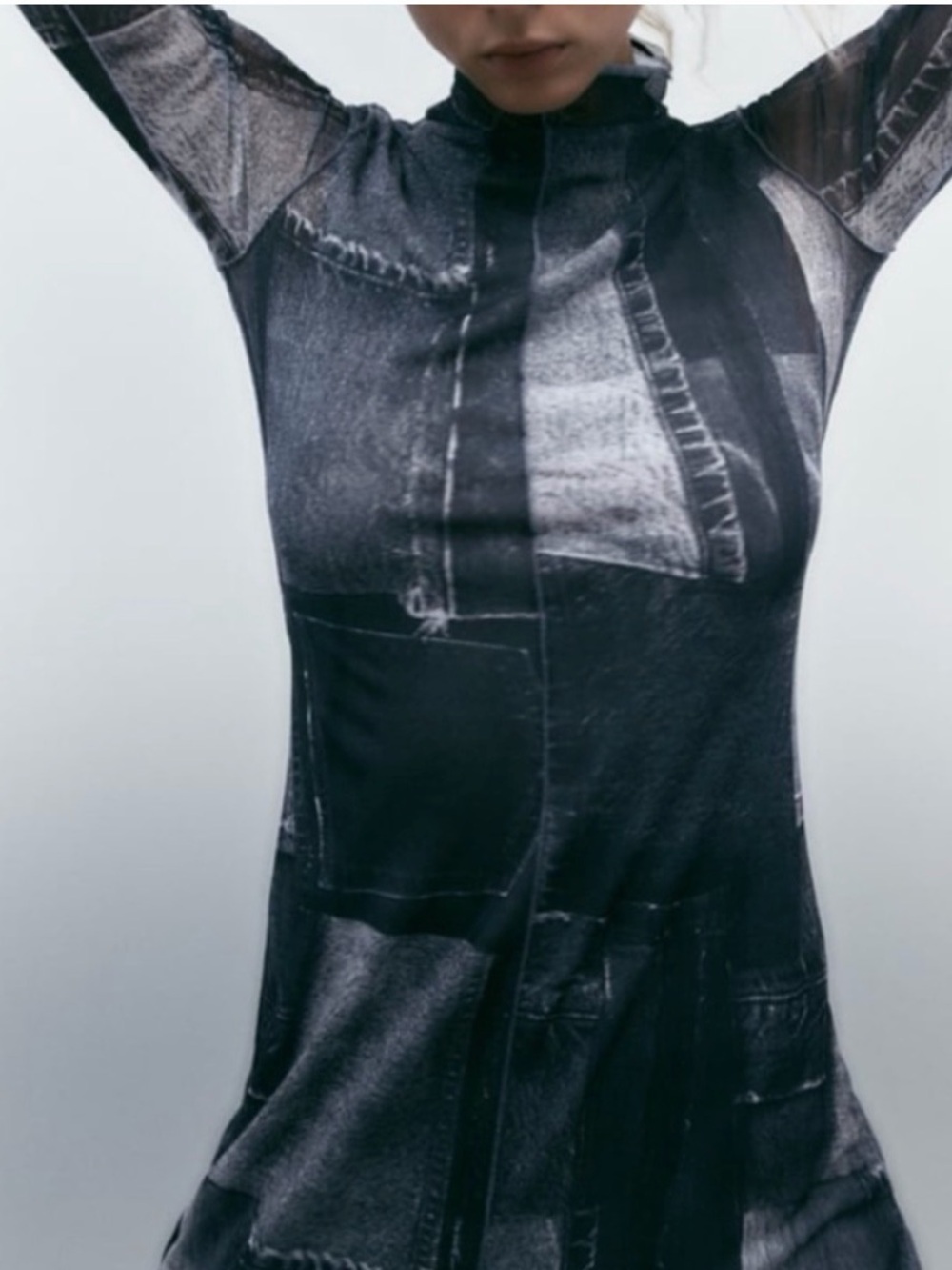 Zara Denim-Print tulle Turtleneck Dress